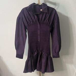 Hutch Purple Smocked Long Sleeve Mini Dress Ruffle Hem- Small